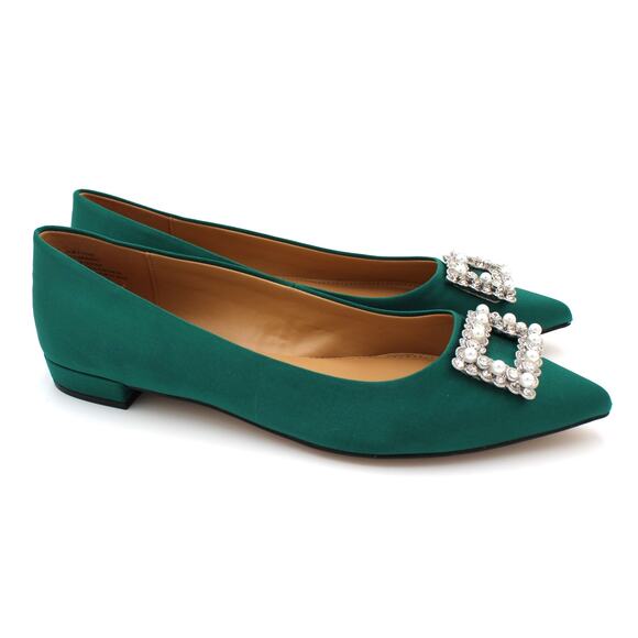 J Crew Flats Womens 8 Green Satin Jeweled Pearl Embellished Holiday Slip On Shoe - Picture 1 of 8